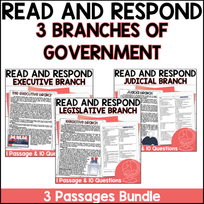 3 Branches of Government Reading Passage Comprehension Questions - History