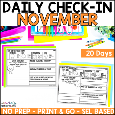 Grades 3-5 - November - SEL Morning Daily Emotional Check In Form with Students