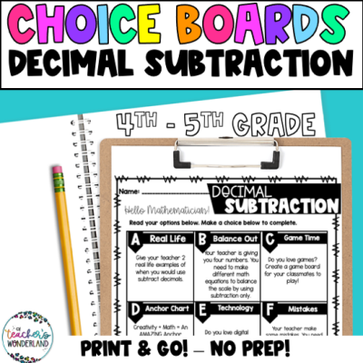 4-5th Grade- Decimal Subtraction Math Menus - Choice Boards - Math Activities