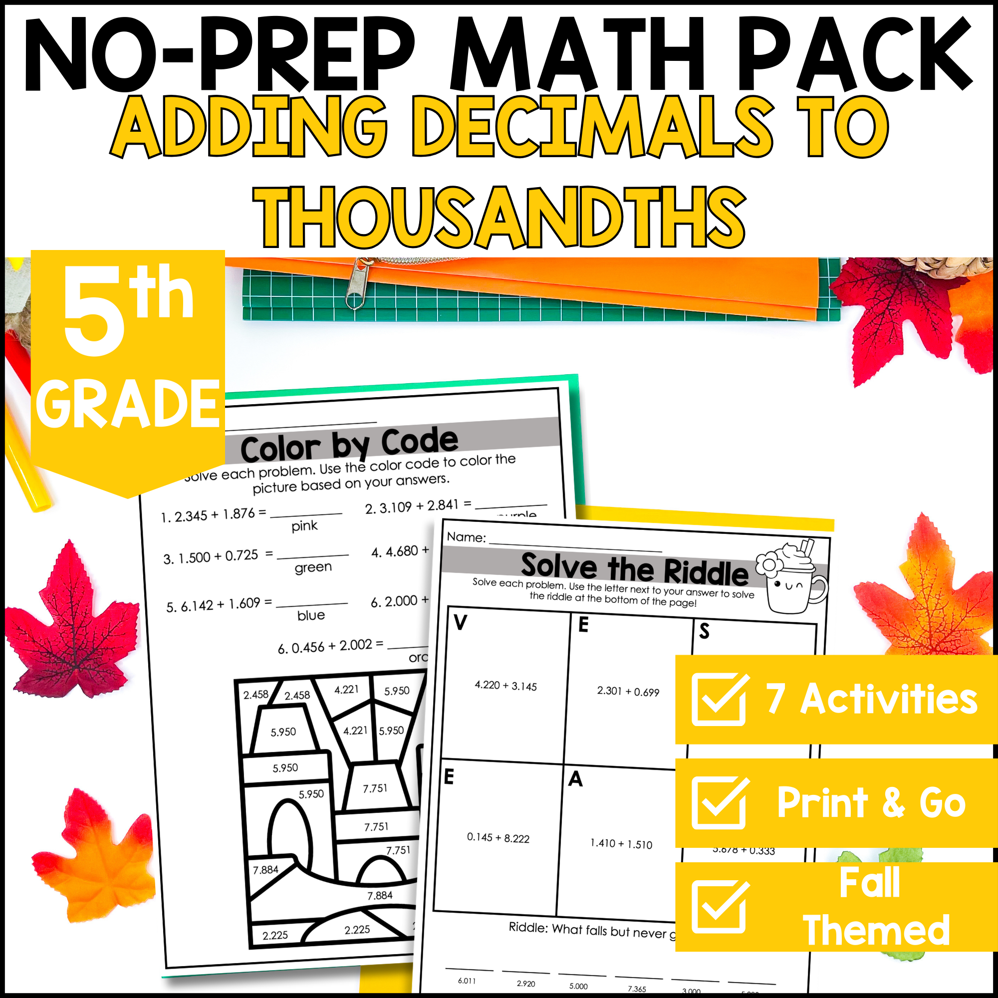 September No Prep Math Pack – Adding Decimals to Thousandths | Fall