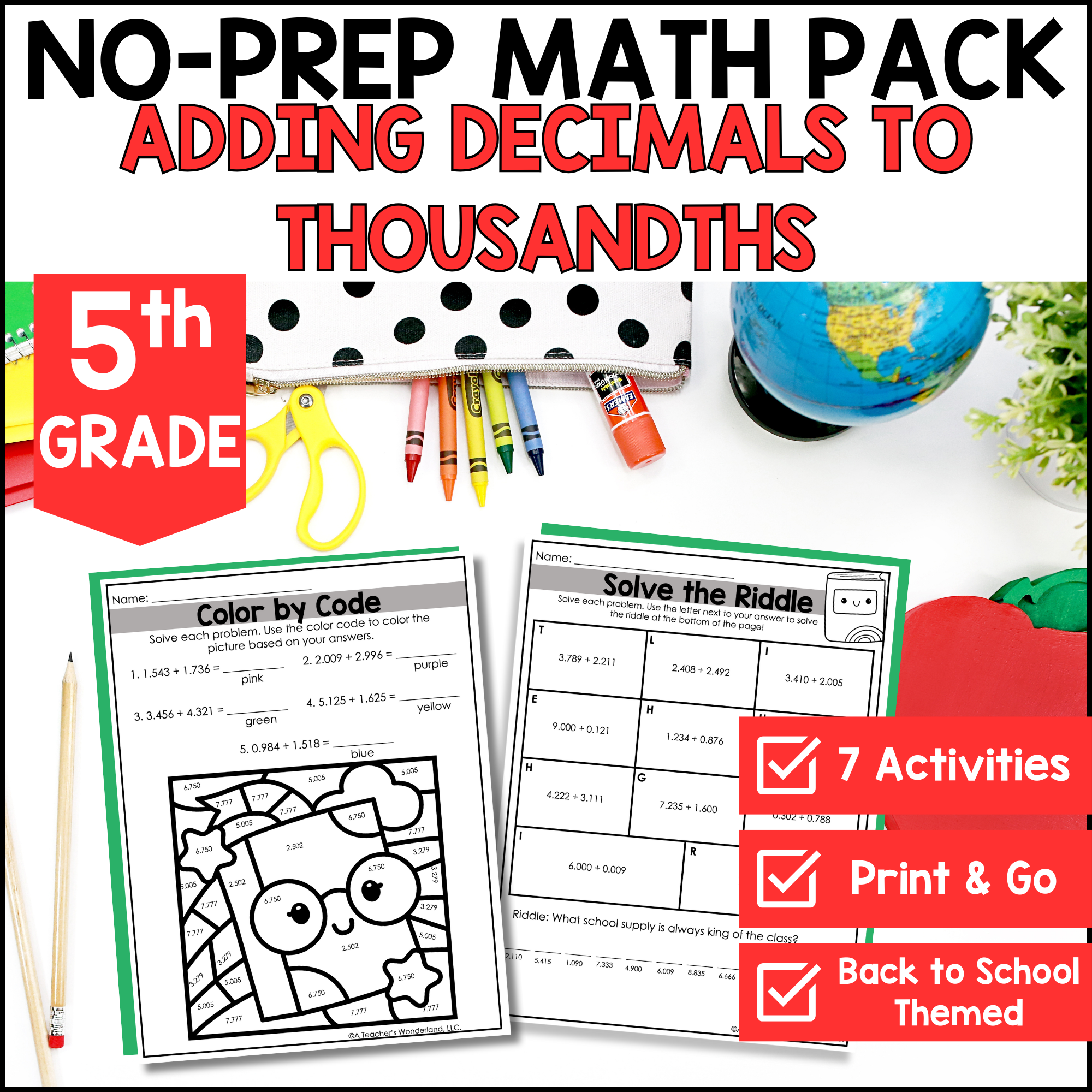 August No Prep Math Pack – Adding Decimals to Thousandths | Back to School