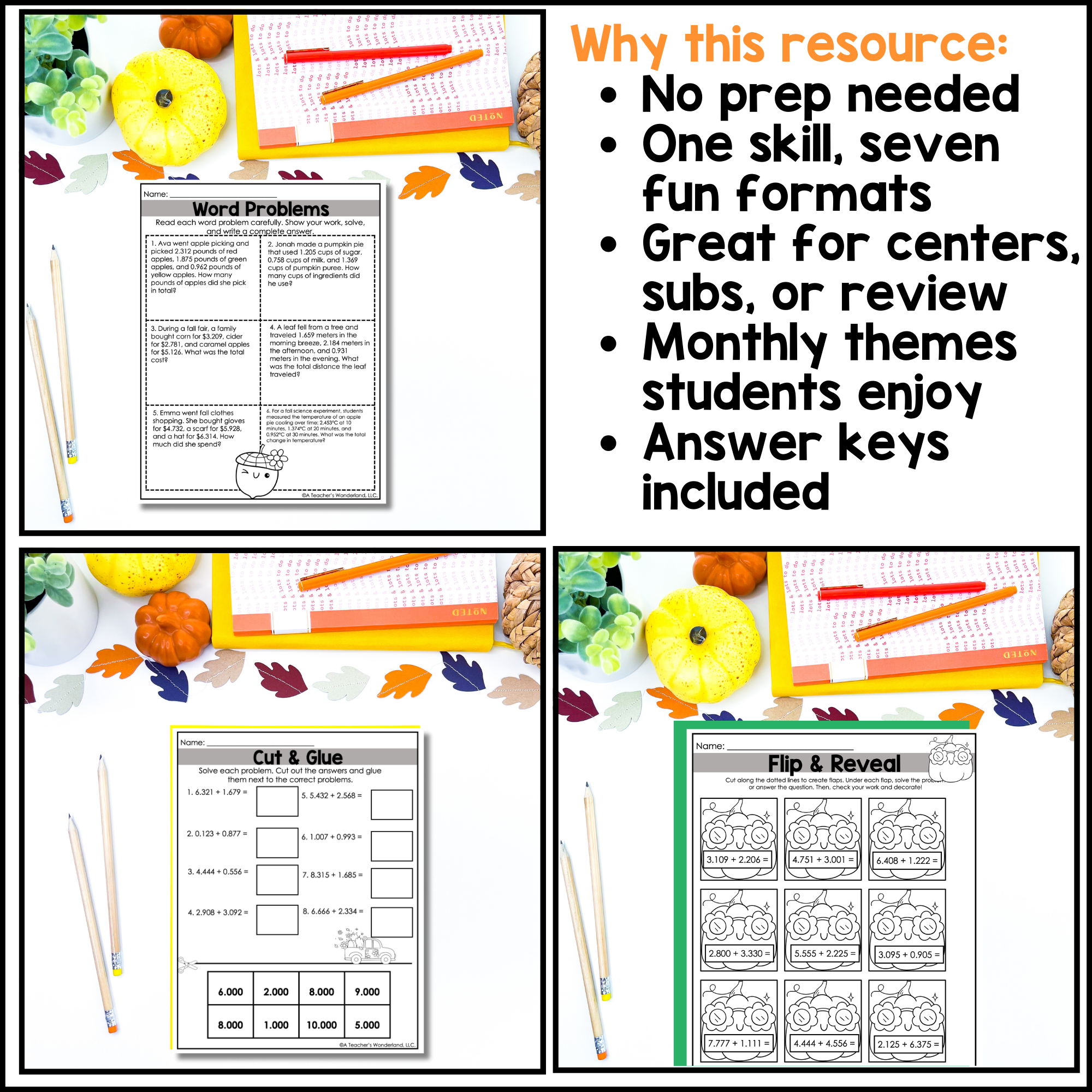September No Prep Math Pack – Adding Decimals to Thousandths | Fall - Image 3