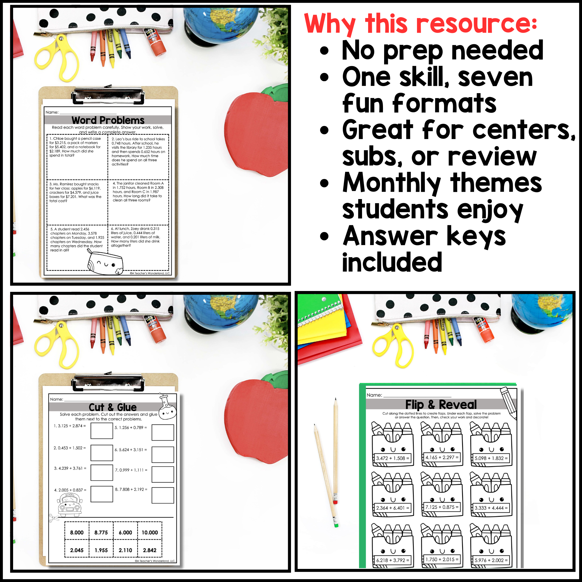 August No Prep Math Pack – Adding Decimals to Thousandths | Back to School - Image 3
