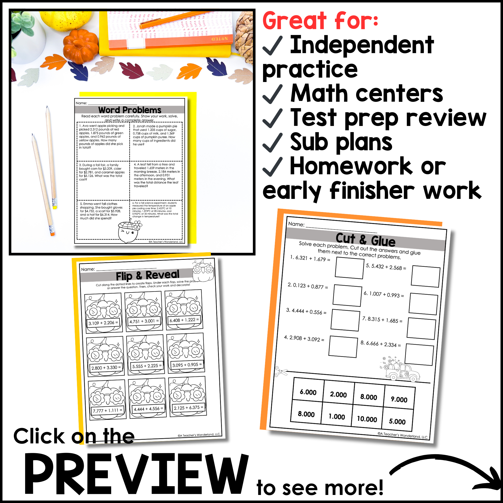 September No Prep Math Pack – Adding Decimals to Thousandths | Fall - Image 4