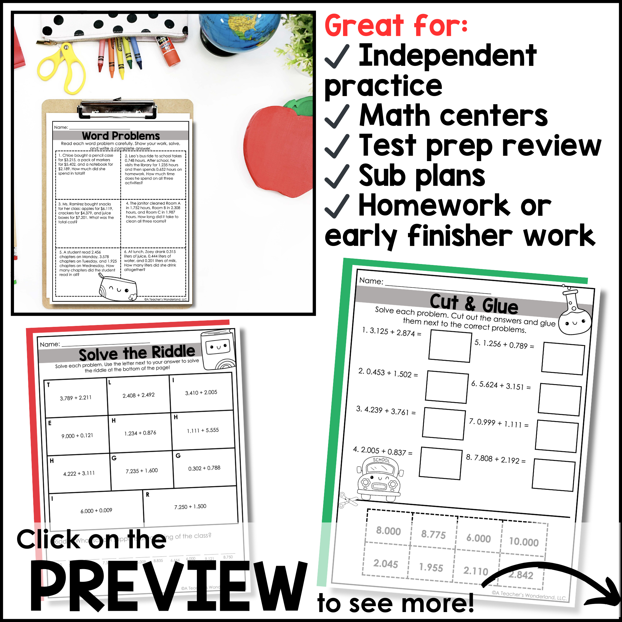 August No Prep Math Pack – Adding Decimals to Thousandths | Back to School - Image 4